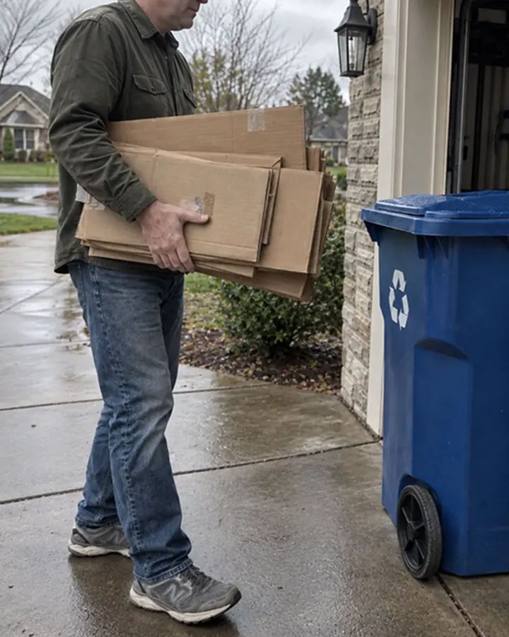 An adult carrying a neat stack of flattened cardboard toward a recycling bin