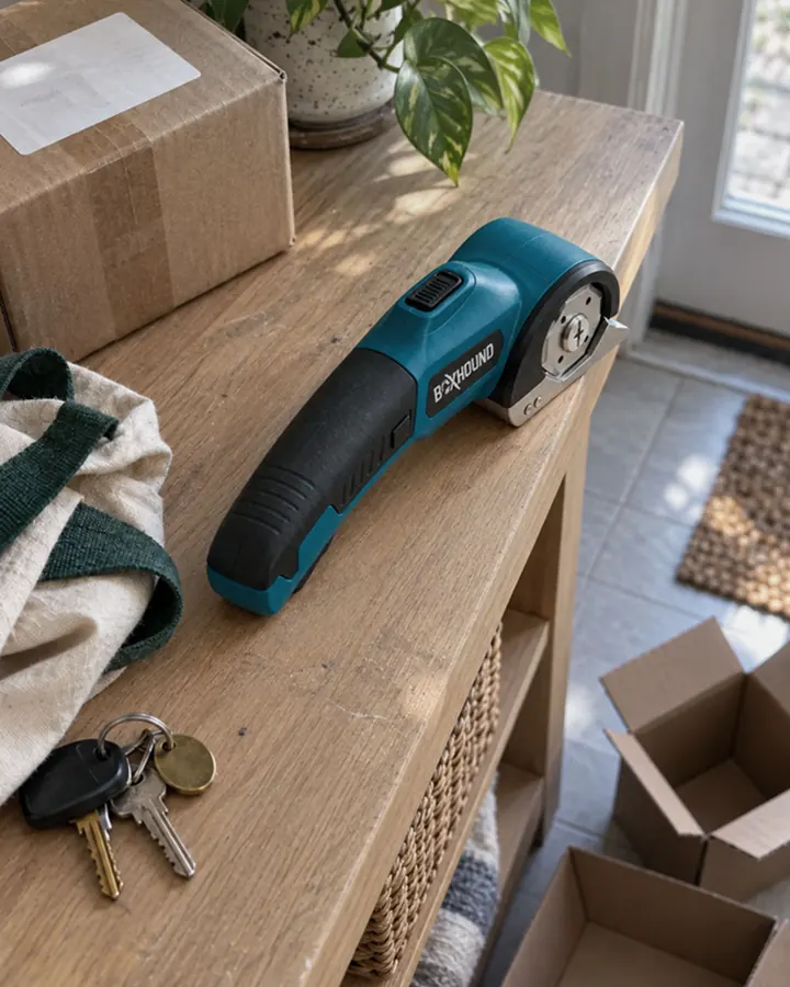 The blue Boxhound resting on a utility shelf beside everyday household deliveries