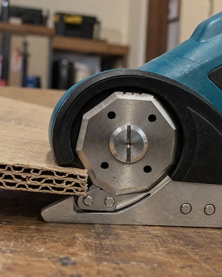 A close-up of Boxhound’s ten-sided replaceable rotary blade and metal guide plate